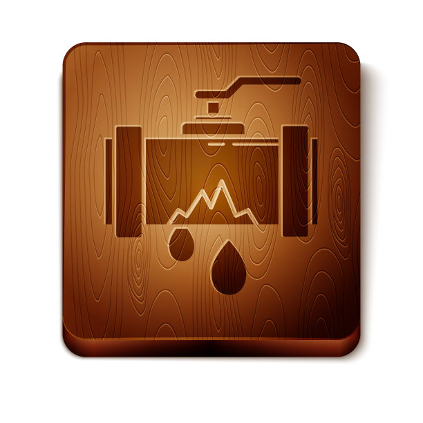 棕色破裂的金属管道与漏水图标隔离在白色背景。木制方形按钮。矢量图图片下载