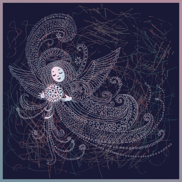 矢量梦幻圣诞天使与魔法星。新年贺卡，T恤印花。银色手绘轮廓线艺术在深靛蓝色背景上，有划痕和涂鸦图片下载