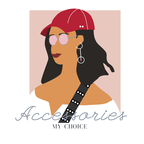 时尚的女人肖像与时尚的发型和ap。时尚的包包皮带，耳环和眼镜。配件我的选择文本。矢量插图印刷，t恤设计，海报，横幅，手提袋。图片下载