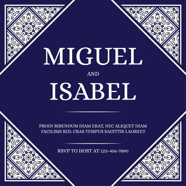 传统墨西哥婚礼邀请卡模板向量。复古花瓷砖图案与白色和海军蓝。摩洛哥的背景图片下载