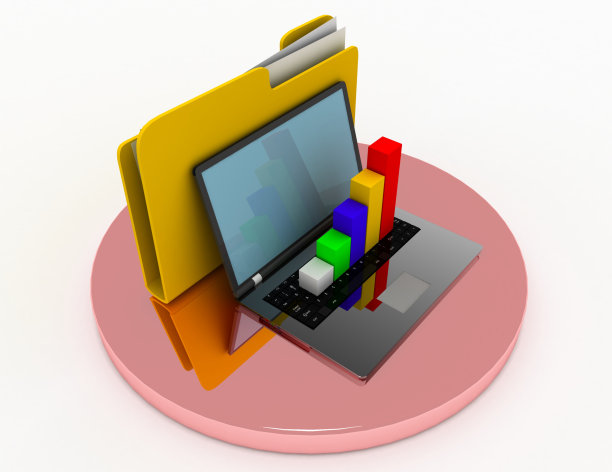带图表和文件夹的笔记本电脑。三维演示图片下载