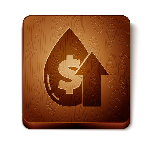 棕色石油价格上涨图标孤立在白色背景。石油行业危机概念。木制方形按钮。矢量图图片下载