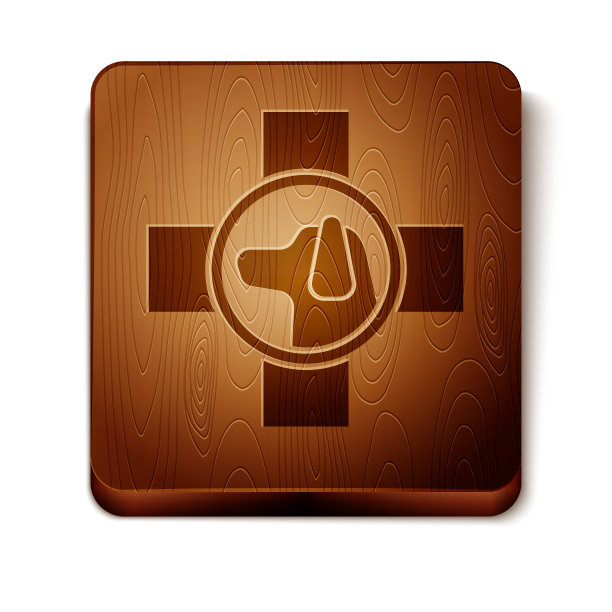 棕色兽医诊所标志图标孤立在白色背景。交叉与狗兽医照顾。宠物急救标志。木制方形按钮。矢量图图片下载