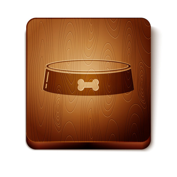 棕色宠物食品碗猫或狗的图标孤立在白色背景。狗骨头的迹象。木制方形按钮。矢量图图片下载