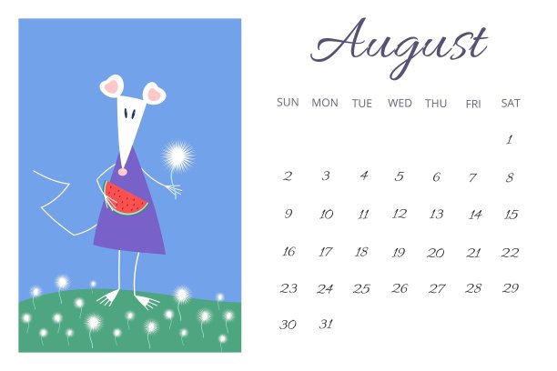2020年8月日历版，带有可爱的卡通三角形小白鼠或老鼠——中国星象中的纽约图片下载