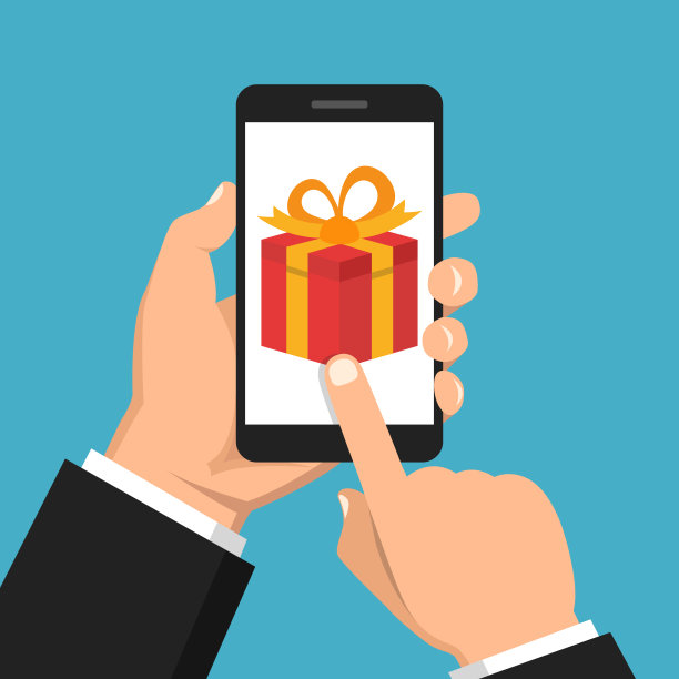 手持智能手机，屏幕上有礼盒。手指触摸按钮。矢量平面插图。图片下载