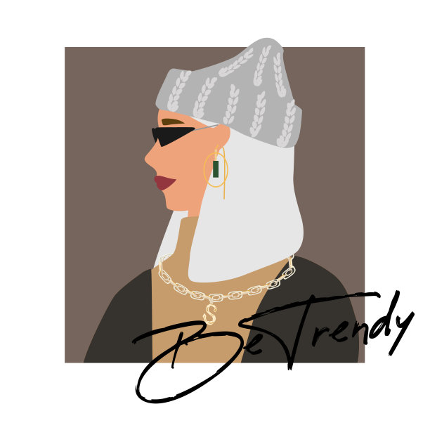 时尚女性侧面肖像在温暖的毛衣，时尚的无檐帽和珠宝。时尚的耳环和眼镜。是时尚的文本。矢量插图印刷，t恤设计，海报，横幅，手提袋。图片下载