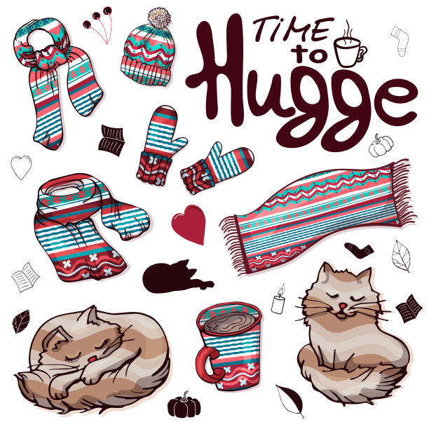 Hugge。冬天的围巾，冬天的帽子，温暖的手套和毯子，可可和毛茸茸的猫。图片下载