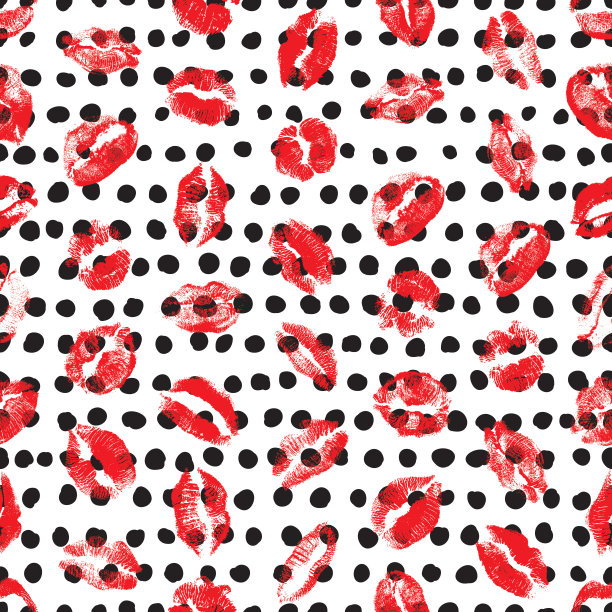 女性的嘴唇，嘴唇有一个吻的污点，无缝模式上弹出的背景。复古风格无尽的包装纸为情人节成人性商店商品。向量。图片下载