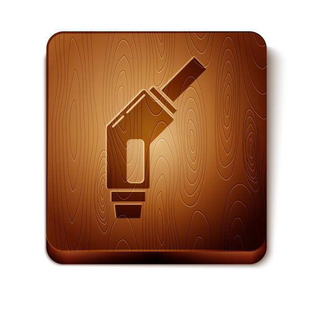 棕色汽油泵喷嘴图标隔离在白色背景上。燃油泵加油站。加油服务标志。加油站图标。木制方形按钮。矢量图图片下载