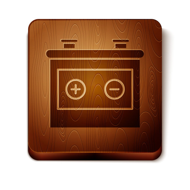 棕色汽车电池图标孤立在白色背景。蓄能器蓄电池能量动力和电能蓄能器蓄电池。木制方形按钮。矢量图图片下载
