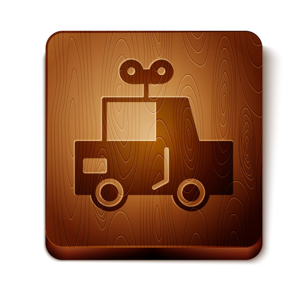 棕色玩具汽车图标孤立在白色背景。木制方形按钮。矢量图图片下载