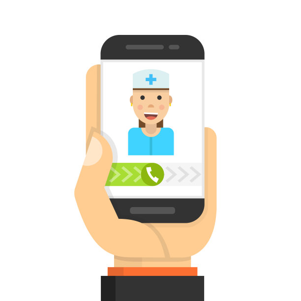 手持智能手机的女性医生在电话和一个在线咨询。矢量插图。图片下载