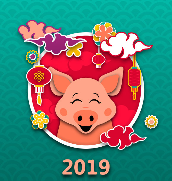 2019年东方欢乐卡，卡通猪，彩灯，彩云素材图片