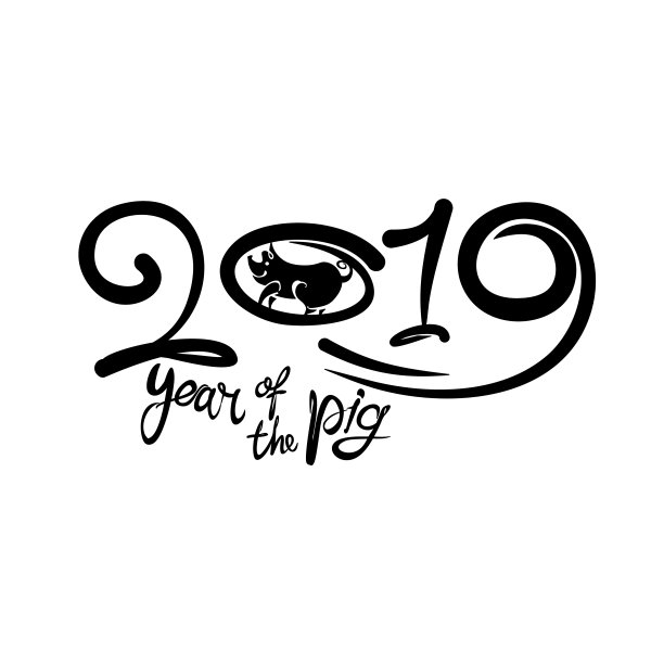 2019年是猪年。黑色模板2019与一只猪的剪影。图片下载