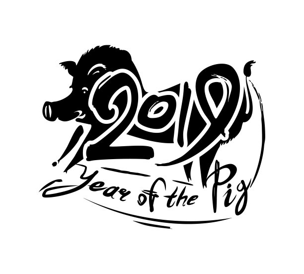 2019年的猪。手写体模板上有铭文和猪字。图片下载