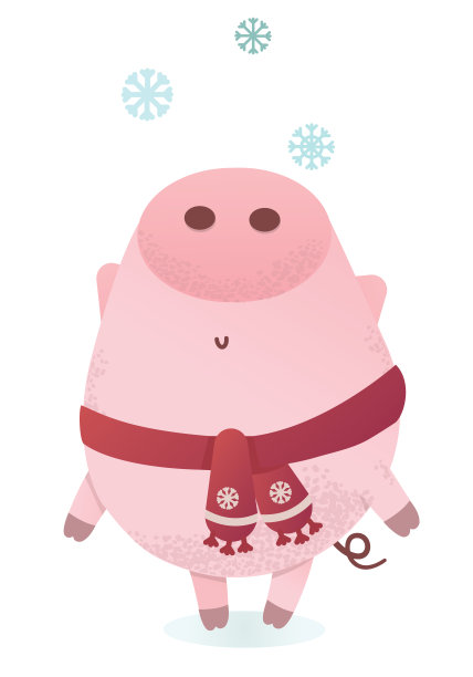 可爱的小猪人物在冬季围巾和礼物。图片下载