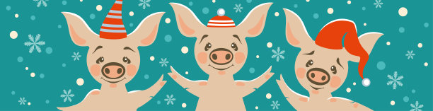 三只猪。非常可爱的猪戴着节日帽，喜欢下雪。图片下载