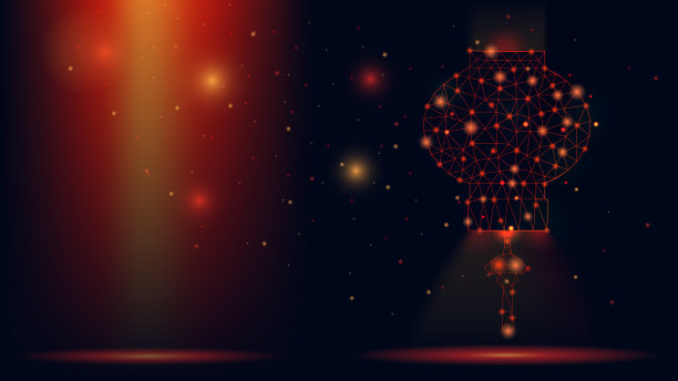 抽象矢量线框中国灯笼。3d现代插图在深红色的背景。低多边形网格艺术看起来像星座夜空与点和星星。来自粒子的强光。图片下载