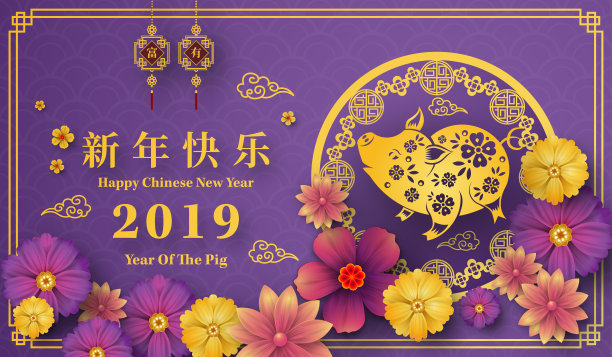 2019年猪年新春快乐剪纸风格。汉字意味着新年快乐，富有，生肖标志的问候卡，传单，邀请，海报，小册子，横幅，日历。图片下载