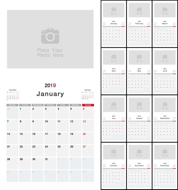 日历年2019矢量设计模板，简洁干净的设计。2019年白色背景日历图片下载