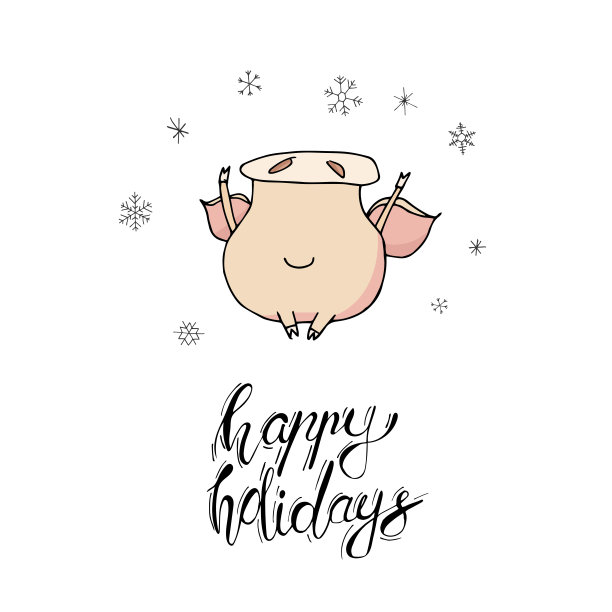 可爱的圣诞小猪捕捉雪花与问候字母。2019年的象征。图片下载