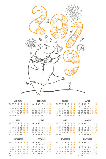 矢量竖墙日历2019年与轮廓可爱的猪在黑色和橙色。周从星期一开始，英语。图片下载