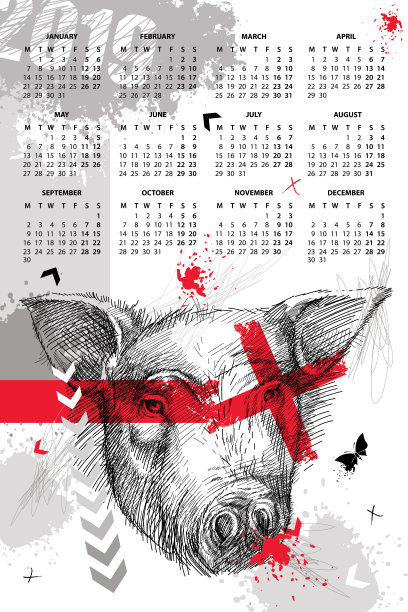 矢量挂历2019年在垃圾波尔卡与草图头猪在黑色。周一开始。图片下载