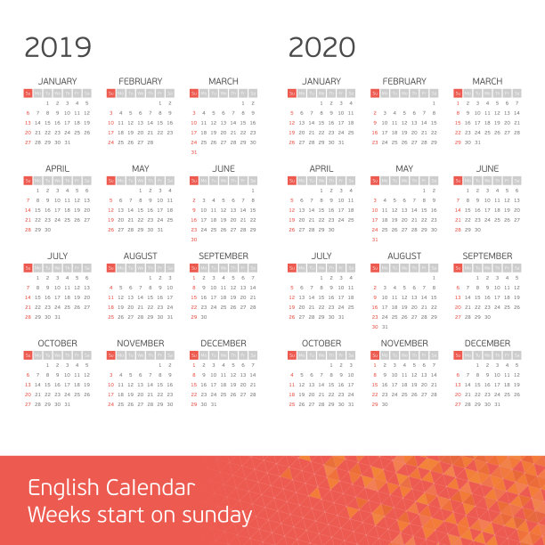 矢量日历2019 - 2020年。素材图片