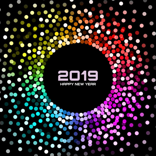 2019新年贺卡背景：彩色迪斯科灯光波点圆圈边框矢量素材图片下载
