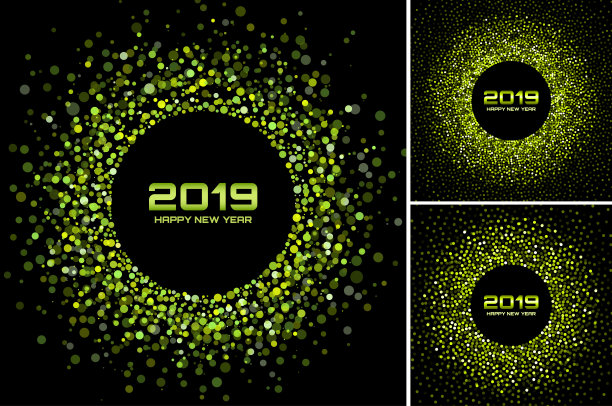 2019新年卡片背景素材：绿色闪光纸屑、绿色迪斯科灯光圆形框架矢量图图片下载