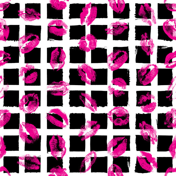 红、粉、黑嘴唇无缝模式上弹出垃圾刷背景。女孩的嘴唇印上污渍。向量。图片下载