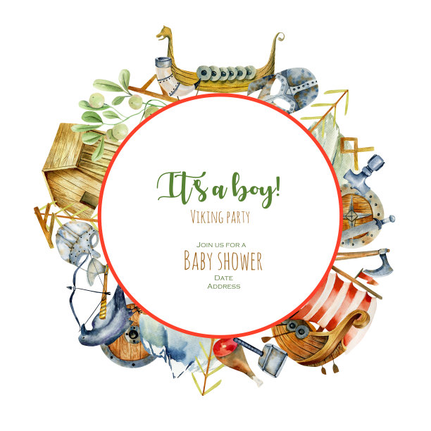 框架与水彩元素海盗文化，手绘插图，婴儿淋浴设计卡，白色背景图片下载