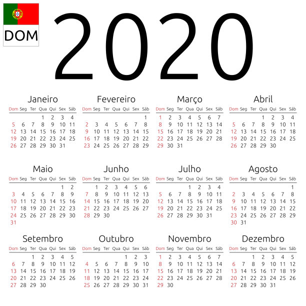 日历2020，葡萄牙语，周日素材图片