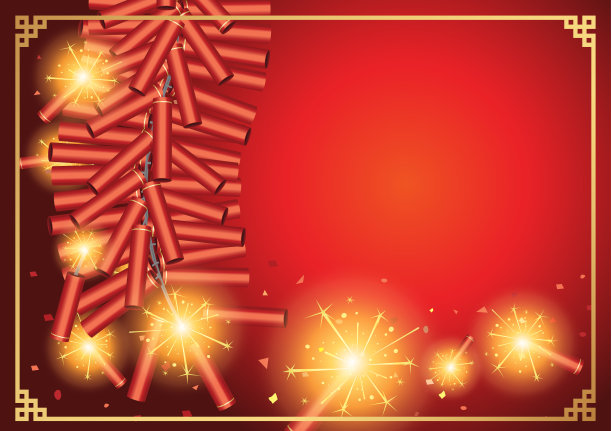 红色的中国鞭炮开始在红色的背景与框架。图片下载