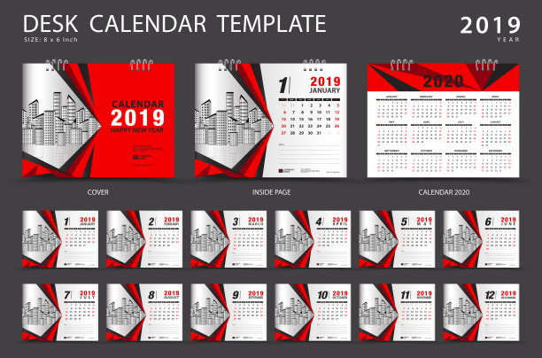 桌面日历2019年模板。一套12个月。计划。一周从周日开始。文具的设计。广告。向量的布局。红色的封面。业务手册传单。图片下载