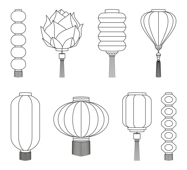 线条艺术黑白中国灯笼套图片下载