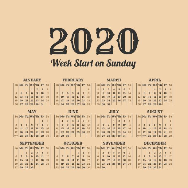 2020年复古日历。一周从周日开始素材图片