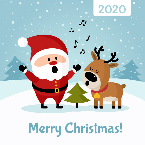 圣诞老人和小鹿在圣诞树旁唱歌图片下载