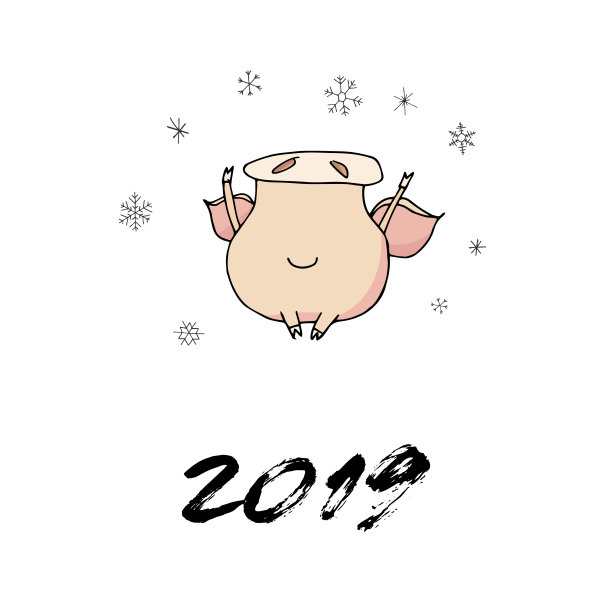 可爱的圣诞小猪捕捉雪花与问候字母。2019年的象征。图片下载