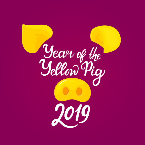 猪的鼻子和耳朵。2019年黄猪年手绘文字。贺卡。图片下载
