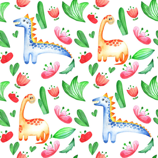 幼稚的手绘水彩图案与可爱的恐龙。图片下载