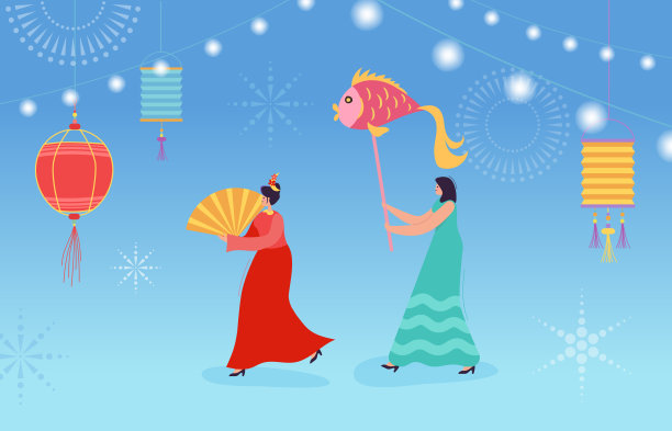 中国农历新年人们跳舞，快乐的舞者在中国传统服装举着灯笼和鼓在游行或狂欢节，人物在卡通风格矢量插图图片下载