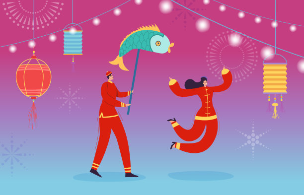 中国农历新年人们跳舞，快乐的舞者在中国传统服装举着灯笼和鼓在游行或狂欢节，人物在卡通风格矢量插图图片下载