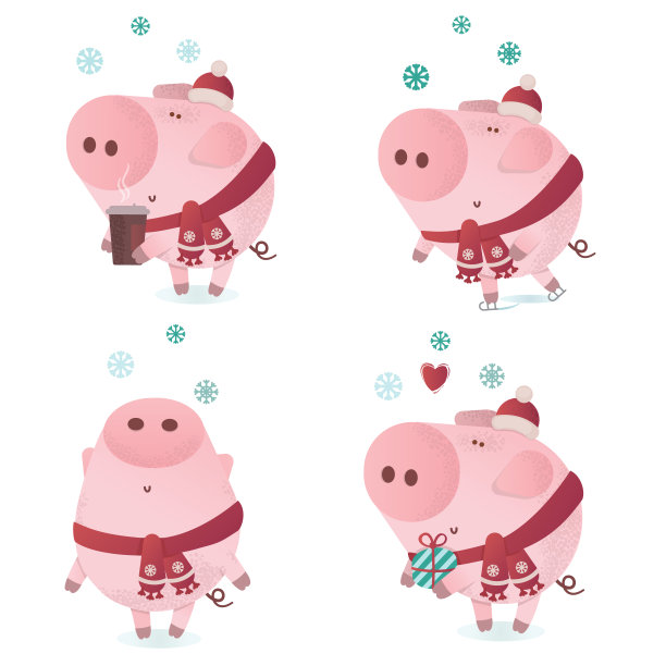 可爱的小猪人物在冬季围巾。问候插图集。图片下载