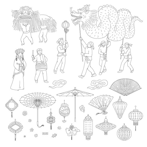 矢量农历新年人们黑白线艺术集灯笼辟邪为假日家居装饰。国庆阅兵和中国文化的象征。图片下载