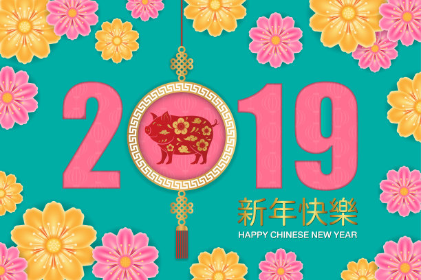 2019年中国农历新年祝福卡，以传统亚洲图案和生肖猪为主题。纸艺术风格。矢量插图。素材图片