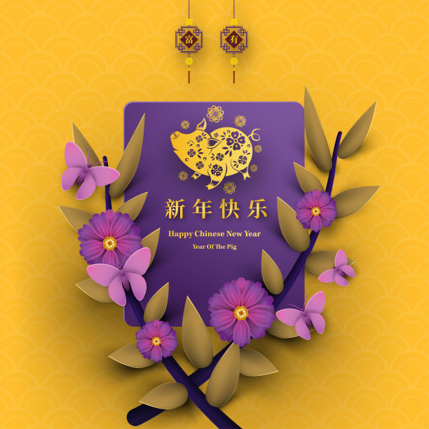 2019年猪年新春快乐剪纸风格。汉字意味着新年快乐，富有，生肖标志的问候卡，传单，邀请，海报，小册子，横幅，日历。图片下载