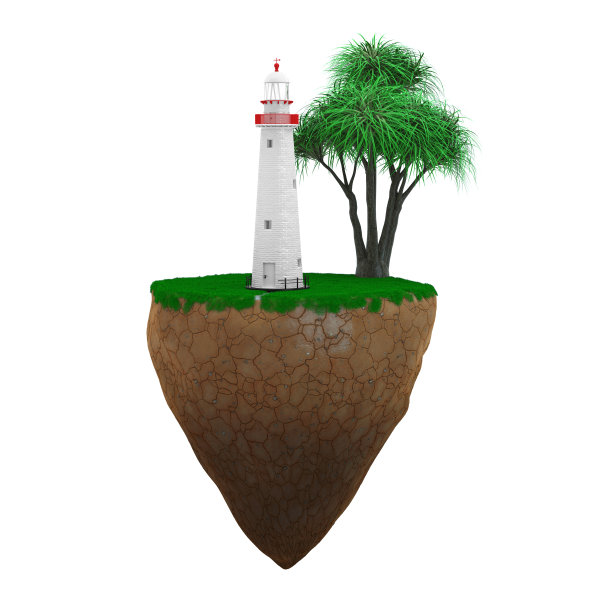 灯塔与棕榈树和草在一个飞行的岛屿。3d渲染图片下载