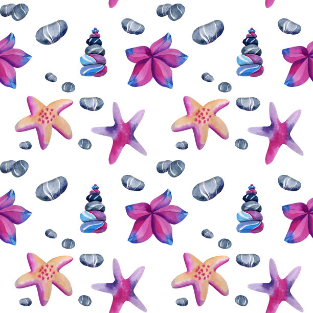 无缝图案与水彩海星和海石在海底，手绘在一个白色的背景图片下载